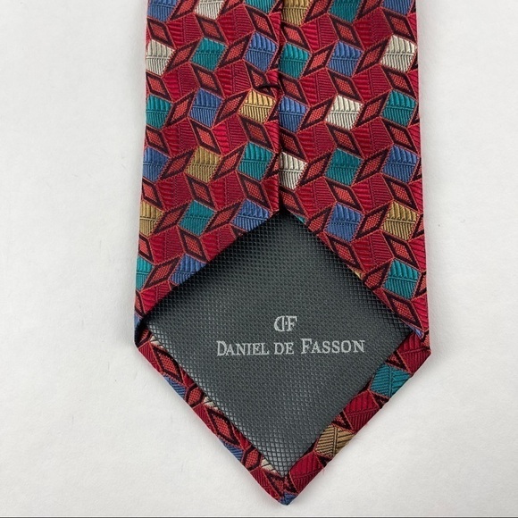 Daniel De Fasson Tie Mens Red Geometric - Picture 4 of 5